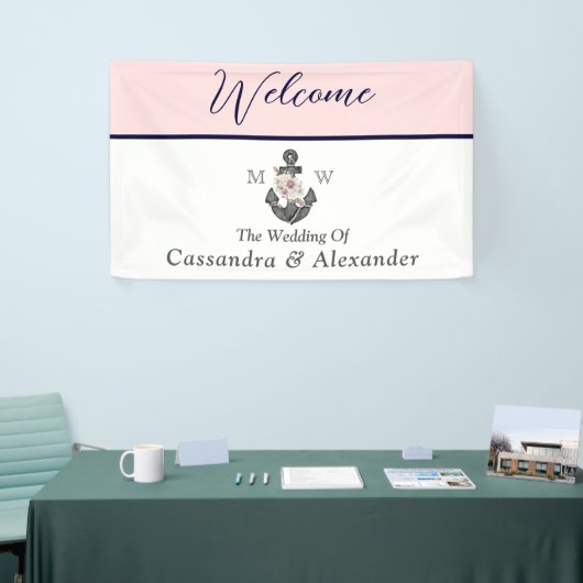 nautische bruiloft bloemanker roze marine welkom spandoek (Beurs)