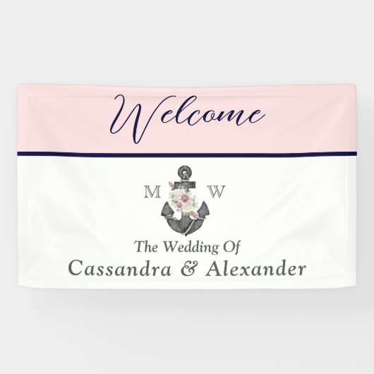 nautische bruiloft bloemanker roze marine welkom spandoek (Horizontaal)