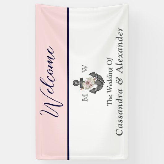 nautische bruiloft bloemanker roze marine welkom spandoek (Verticaal)