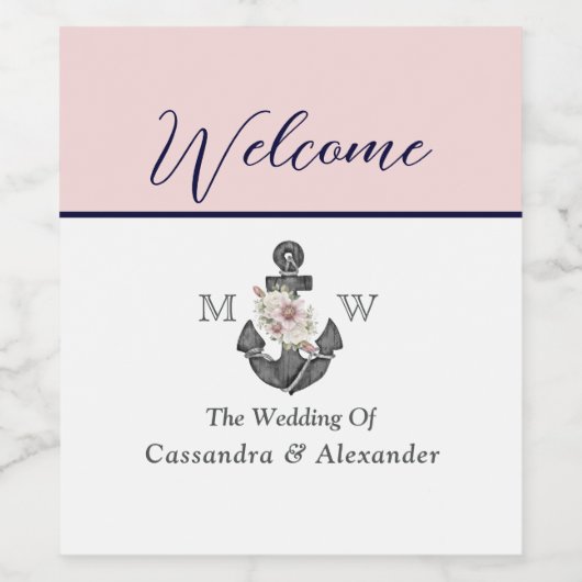 nautische bruiloft bloemanker roze marine welkom wijn etiket (Enkel label)