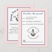 Nautische bruiloft bloemanker roze marineblauw RSVP kaartje (Voorkant / Achterkant)