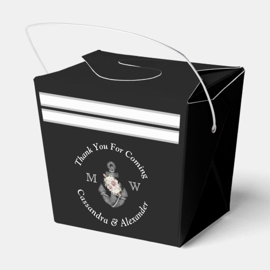 Nautische bruiloft bloemanker zwart wit bedankdoosjes (Achterkant)