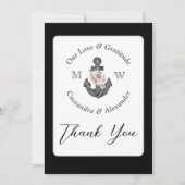 Nautische bruiloft bloemanker zwart-wit bedankkaart (Voorkant)