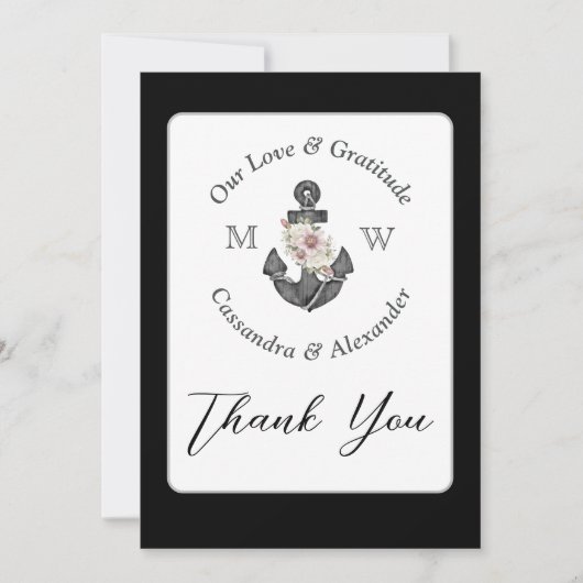 Nautische bruiloft bloemanker zwart-wit bedankkaart (Voorkant)