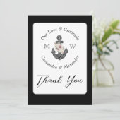 Nautische bruiloft bloemanker zwart-wit bedankkaart (Staand voorkant)