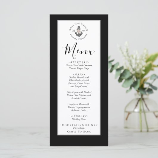 Nautische bruiloft bloemanker zwart-wit menu (Staand voorkant)