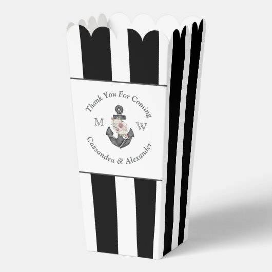 nautische bruiloft bloemanker zwart wit popcorn bedankdoosjes (Achterkant)