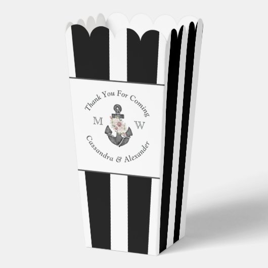 nautische bruiloft bloemanker zwart wit popcorn bedankdoosjes (Voorkant)
