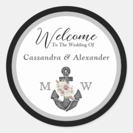 Nautische bruiloft bloemanker zwart-wit ronde sticker