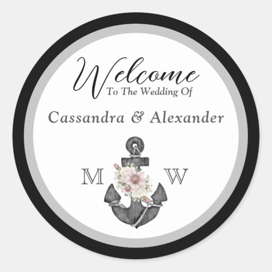 Nautische bruiloft bloemanker zwart-wit ronde sticker (Voorkant)