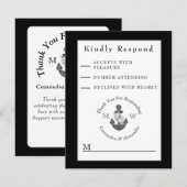 Nautische bruiloft bloemanker zwart-wit RSVP kaartje (Voorkant / Achterkant)