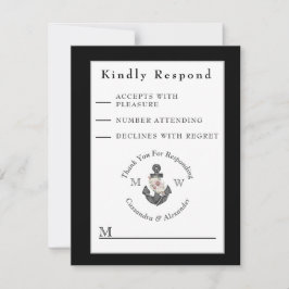 Nautische bruiloft bloemanker zwart-wit RSVP kaartje