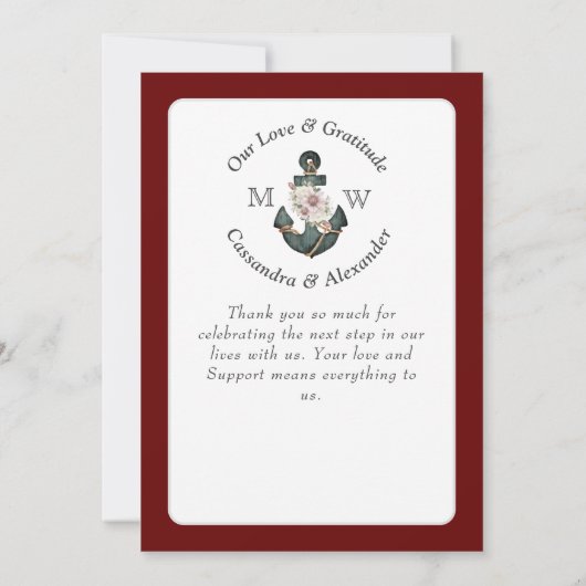 nautische bruiloft bloemenanker kastanjebruin roes bedankkaart (Achterkant)