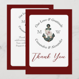 nautische bruiloft bloemenanker kastanjebruin roes bedankkaart