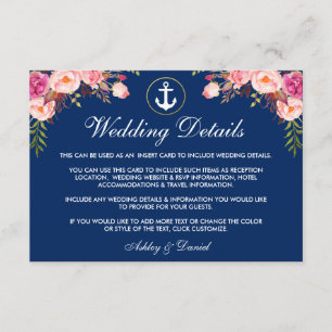 nautische bruiloft bloemenblauw Details invoegen K Informatiekaartje
