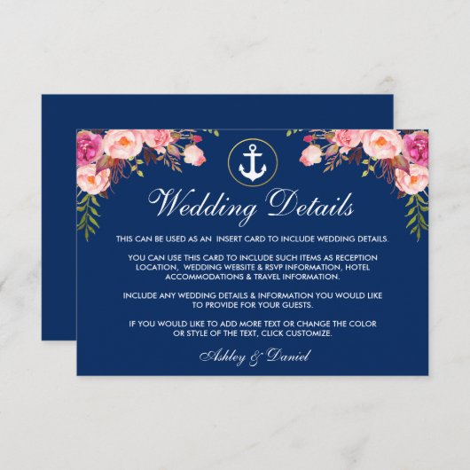 nautische bruiloft bloemenblauw Details invoegen K Informatiekaartje (Voorkant / Achterkant)