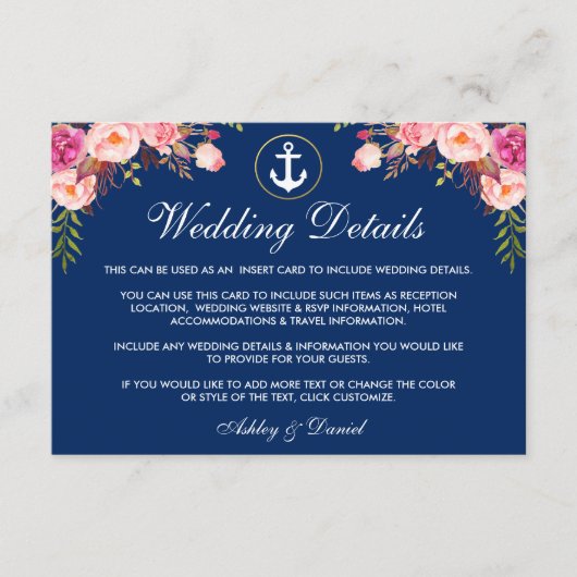 nautische bruiloft bloemenblauw Details invoegen K Informatiekaartje (Voorkant)