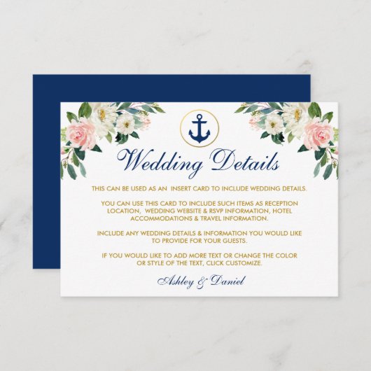 nautische bruiloft bloemengoud details invoegen Ka Informatiekaartje (Voorkant / Achterkant)