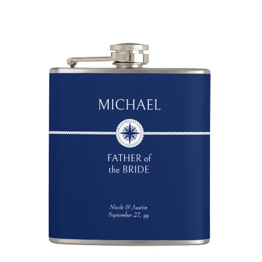 Nautische Bruiloft Cadeau Blauw en Wit Hip Heupfles (Voorkant)