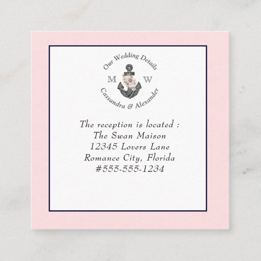 Nautische bruiloft detail Bloemen Anker Roze Marin Informatiekaartje (Achterkant)