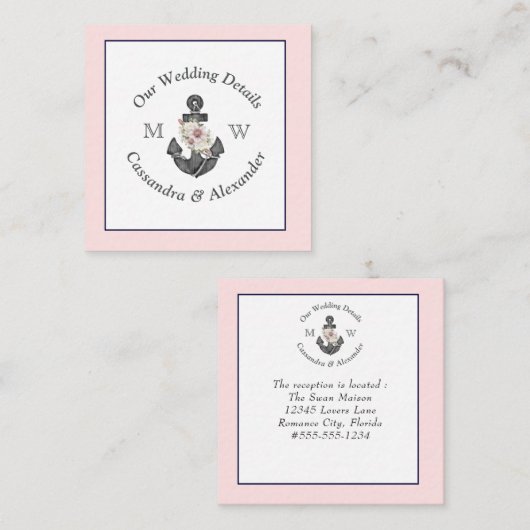 Nautische bruiloft detail Bloemen Anker Roze Marin Informatiekaartje (Voorkant / Achterkant)