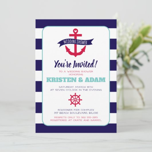 nautische bruiloft douche uitnodiging ankers wegen (Staand voorkant)