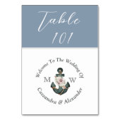 Nautische bruiloft Dusty Blue Monogram Bloemen Ank Kaart (Achterkant)