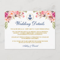 Nautische bruiloft Floral Details Blue Insert Kaar