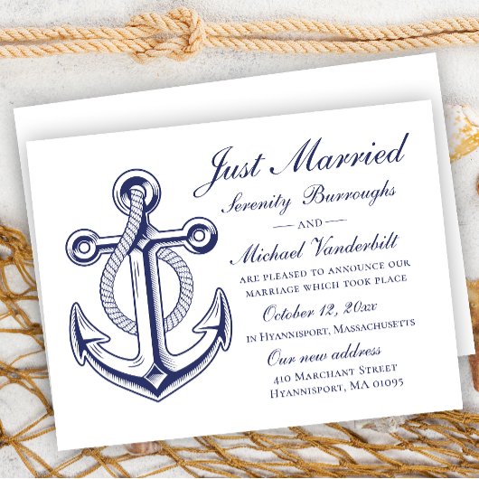 nautische bruiloft marine blauw anker net getrouwd kaart