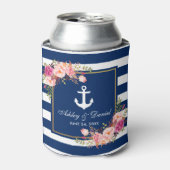 Nautische bruiloft marine blauw gestreepte gouden  blikjeskoeler (Blikje Voorkant)