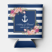 Nautische bruiloft marine blauw gestreepte gouden  blikjeskoeler (Voorkant)