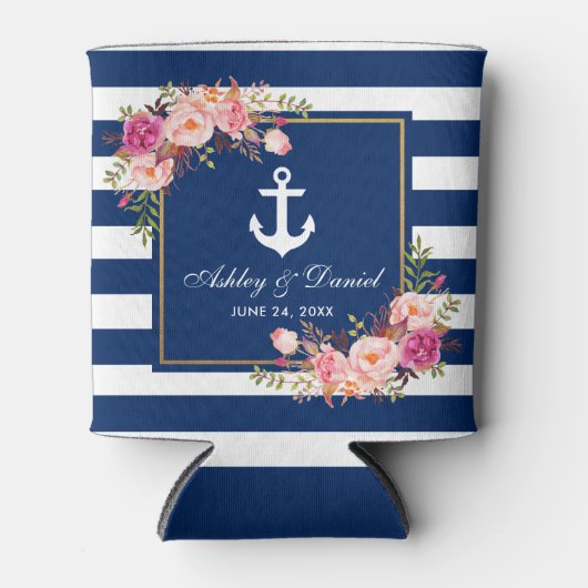 Nautische bruiloft marine blauw gestreepte gouden  blikjeskoeler (Voorkant)