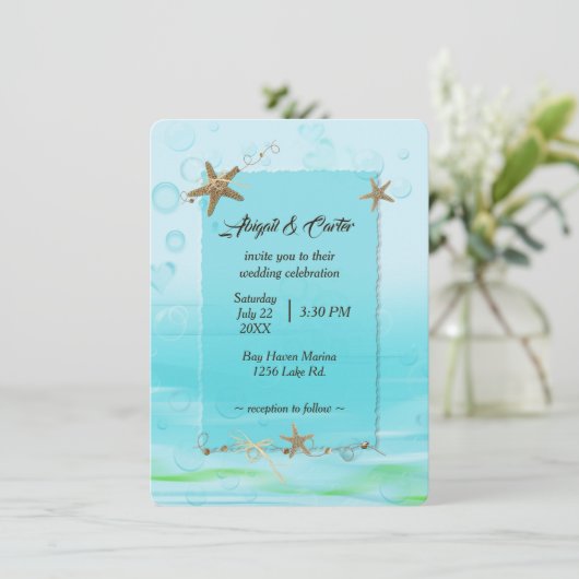 Nautische bruiloft met zeesterren en bubbels kaart (Staand voorkant)