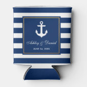 Nautische bruiloft Navy Blue Gestreept Goud Lijst Blikjeskoeler (Voorkant)