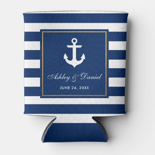 Nautische bruiloft Navy Blue Gestreept Goud Lijst Blikjeskoeler (Voorkant)