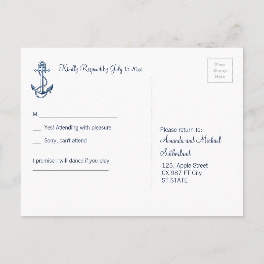 Nautische bruiloft RSVP briefkaart sjabloon (Achterkant)