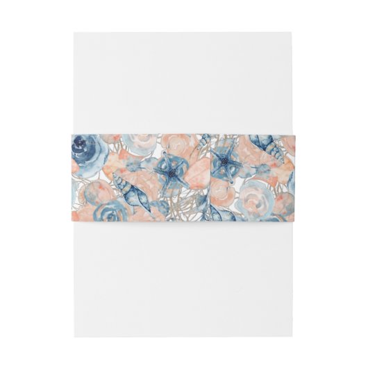 Nautische Bruiloft Strand Blauw Seashell en Rozen, Uitnodigingen Wikkel (Achterkant Voorbeeld)