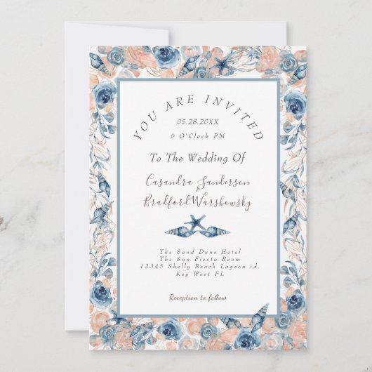 nautische bruiloft strand schelp bloemen Rozen wo Kaart (Voorkant)
