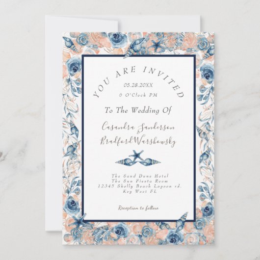 Nautische bruiloft Strand Seashell Bloemen Rozen Kaart (Voorkant)