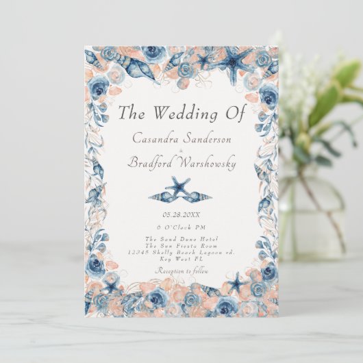 Nautische bruiloft Strand Seashell Bloemen Rozen Kaart (Staand voorkant)