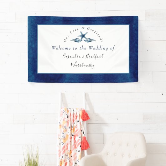 Nautische bruiloft Strand Seashell Marine Blauw Wi Spandoek (Insitu)