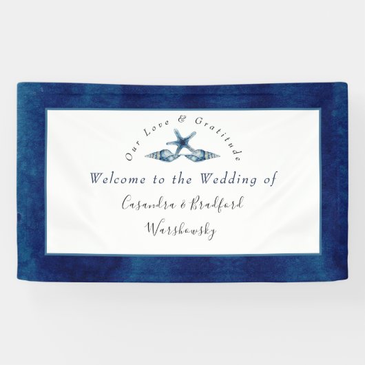 Nautische bruiloft Strand Seashell Marine Blauw Wi Spandoek (Horizontaal)