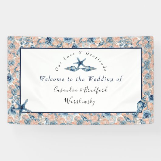 Nautische bruiloft Strand Seashell Rozen huwelijks Spandoek (Horizontaal)