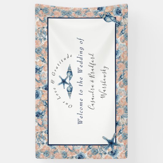 Nautische bruiloft Strand Seashell Rozen huwelijks Spandoek (Verticaal)