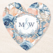 Nautische Bruiloft Strand Zee Shell en Rozen, Kartonnen Onderzetters (Voorkant)