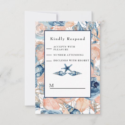 Nautische Bruiloft Strand Zee Shell en Rozen, RSVP Kaartje (Voorkant)