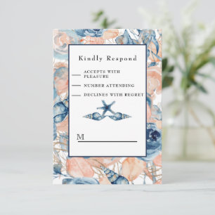 Nautische Bruiloft Strand Zee Shell en Rozen, RSVP Kaartje