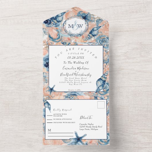 Nautische Bruiloft Strand Zee Shell Flowers All In One Uitnodiging (Binnen)