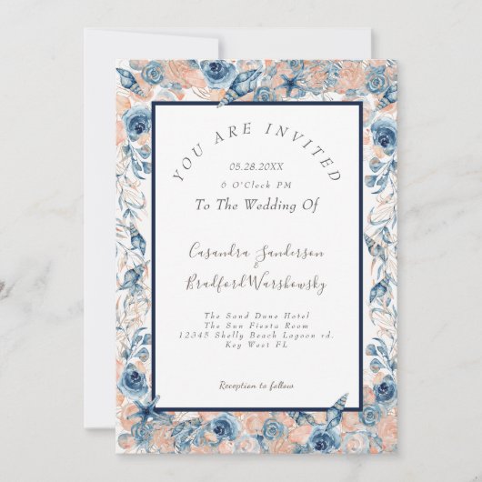 Nautische bruiloft Strand Zee Shell Flowers Roos N Kaart (Voorkant)