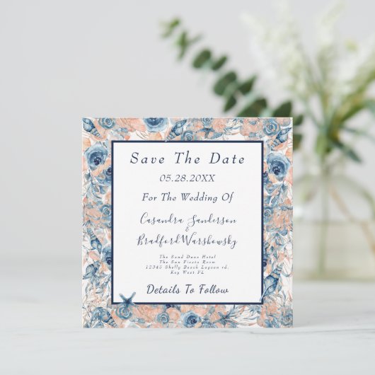 Nautische Bruiloft Strand Zee Shell Flowers Save The Date (Staand voorkant)